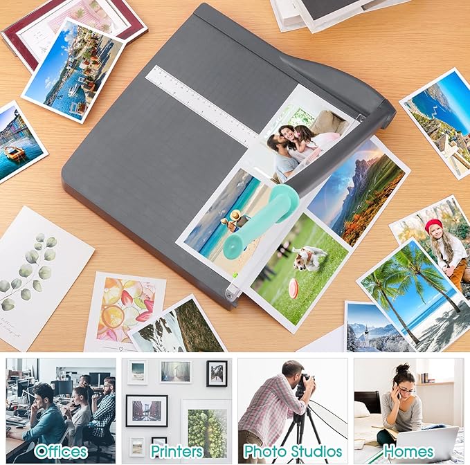 Paper Cutter, Paper Trimmer with Safety Guard, 12" Cut Length Paper Slicer with 16 Sheet Capacity Paper Cutting Board,Guillotine Paper Cutters and Trimmers for Cardstock Cardboard Vinyl (Gray)