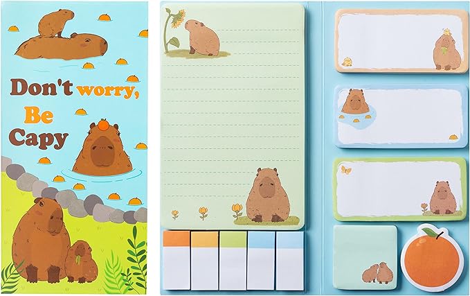 Xqumoi Don't Worry Be Capy Sticky Notes Set, 550 Sheets, Capybara and Orange Pattern Self-Stick Notes Pads Animal Divider Tabs Bundle Writing Memo Pads Back to School Office Supplies Small Gift