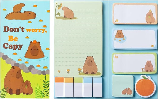 Xqumoi Don't Worry Be Capy Sticky Notes Set, 550 Sheets, Capybara and Orange Pattern Self-Stick Notes Pads Animal Divider Tabs Bundle Writing Memo Pads Back to School Office Supplies Small Gift