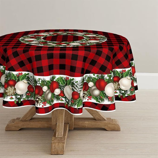 Horaldaily Christmas Tablecloth 70×70 Inch Round, Christmas Ball Ornaments Red Bufalo Plaid Washable Table Cover for Party Picnic Dinner Decor