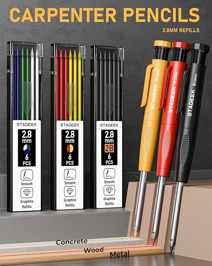 22 Pack Mechanical Carpenter Pencil Set with Sharpener 60 Refills, Automatic Center Punch, Carbide Scribe Tool, Eraser and Deep Hole Marker Pen, Heavy Duty Construction Pencil for Architect-With Pouch