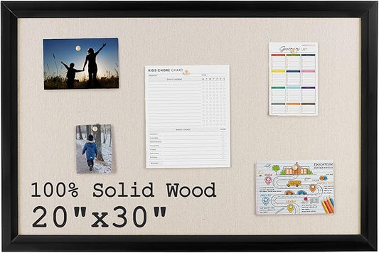 Bulletin Board Cork Board with Linen, 100% Wood Framed 30" x 20" Bulletin Board Decorations, Pin Boards for Walls, Wall Mounted Fabric Picture Board with 10 Pushpins for School, Home & Office, Black