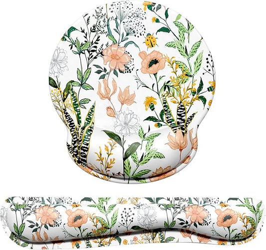 Dapesuom Keyboard Wrist Rest and Mouse Pad with Wrist Support, Cute Memory Foam Cushion for Keyboard and Mouse Set, Desktop Pad Rests with Non Slip Base for Easy Typing & Pain Relief, White Floral