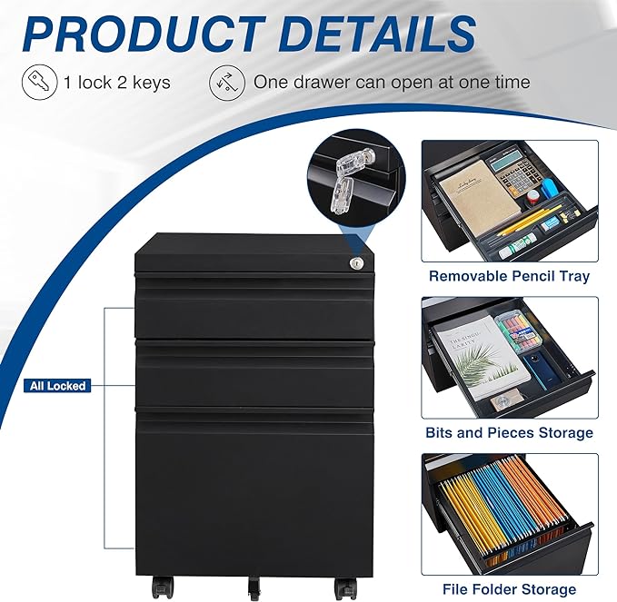 3 Drawer Mobile Metal File Cabinet, Black Filling Cabinets with Lock, Pre-Built Office Storage File Cabinet with Wheels Under Desk - Assembled Required