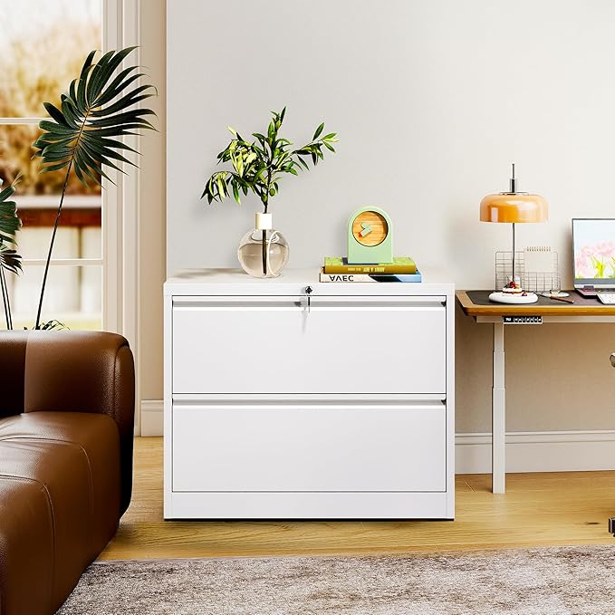 2-Drawer Lateral File Cabinet with Lock, Black Metal Filing Cabinet for Office or Home – Secure Storage for Letter/Legal/A4/F4 Documents, Easy to Assemble Locking File Organizer (White, 2 Drawer-26"W)