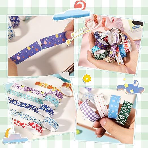 emmoolife 50 Rolls Washi Tape Set, 15mm Wide Rainbow Colored Tape Aesthetic Design Masking Decorative Tape for Scrapbooking Supplies, Bullet Journaling, Junk Journal, Wrapping Planners, DIY Arts Craft