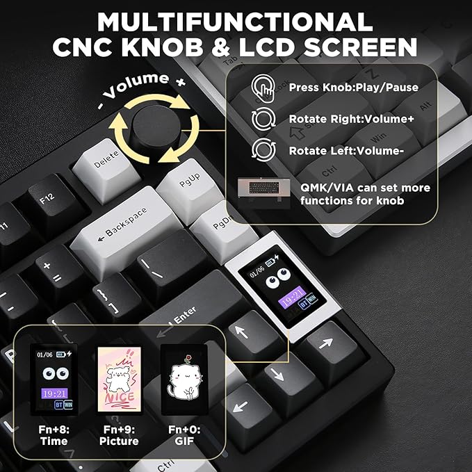 YUNZII AL80 Wireless Mechanical Keyboard,Full Aluminum CNC, Smart LCD Display,Hot Swappable Gasket Mount 75% Layout with Knob,BT/2.4G/USB-C,QMK/VIA Support for Win/Mac (Black, Gateron Zero Switch)