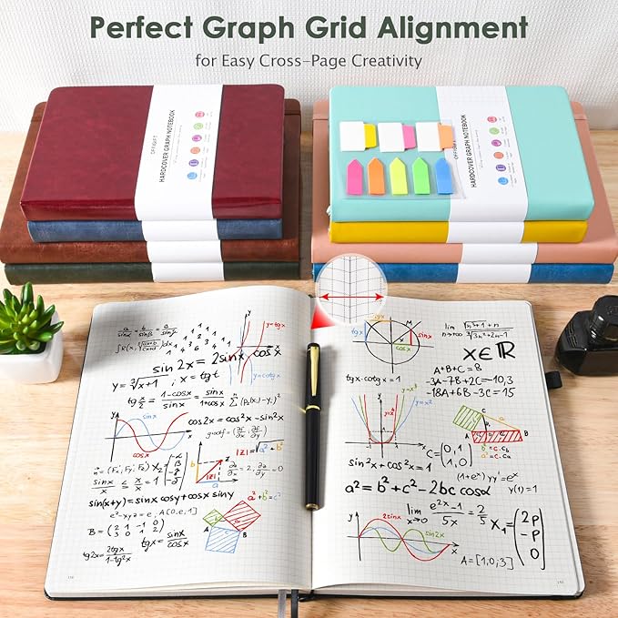 Graph Paper Notebook, 312 Numbered Pages B5 Hardcover Leather Journal, 100gsm No Bleed Grid Paper Notebook with Index Pages, Grid Notebook for Graphing Notes Math, 7.6'' X 10'', Green