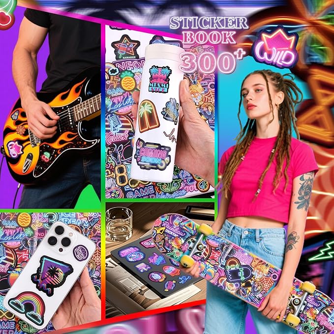 300+ Pieces Cool Neon Stickers Book for Laptop Phone Case Guitar Skateboard Helmet Bike Car Decals Scrapbooking Journaling Notesbook Luggage Water Bottles, Prizes Gift for Kids Teens Classroom Reward