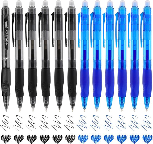 USUAL Retractable Erasable Pens 12 Colored Erasable Gel Pen 0.5mm Erasable Gel Pens Black Make Mistakes Disappear Smooth Writing Pen Office Back-to-School Supplies (6 Black 6 Blue)