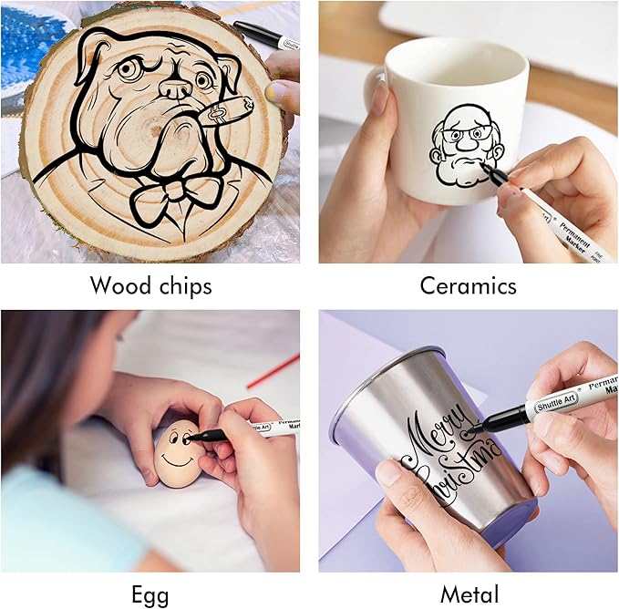 Shuttle Art 24 Black Permanent Markers Fine Tip Markers, Perfect on Plastic, Wood, Stone, Metal and Glass for Doodling, Coloring, Marking, School Supplies