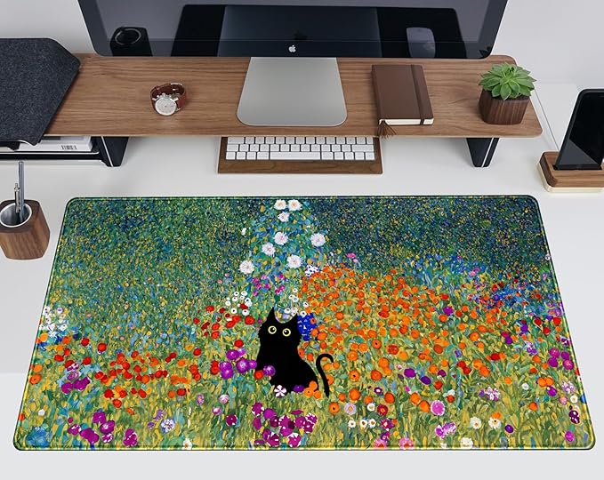 Desk Pad Cute Black Cat Oil Painting Art Floret Desk Mat Office Desk Decor Large Mouse Pad Gaming, XL Mousepad Women Office Desk Decor Laptop Keyboard Mouse Pads with Stitched Edges Mat 31.5x15.7 in