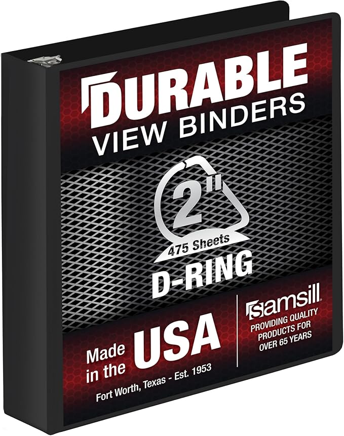 Samsill Durable 2 Inch Binder, Made in The USA, D Ring Binder, Customizable Clear View Cover, Charcoal Black, Holds 475 Pages