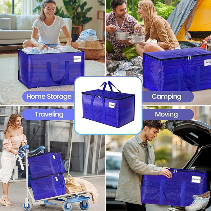 Moving Storage Bags, Moving Supplies Packing Boxes for Moving, Camping, College Dorm Room Essentials for Girls, Blue Tote Bags, Heavy-Duty Storage Bins With Lids And Zippers, 76L 4 Pack