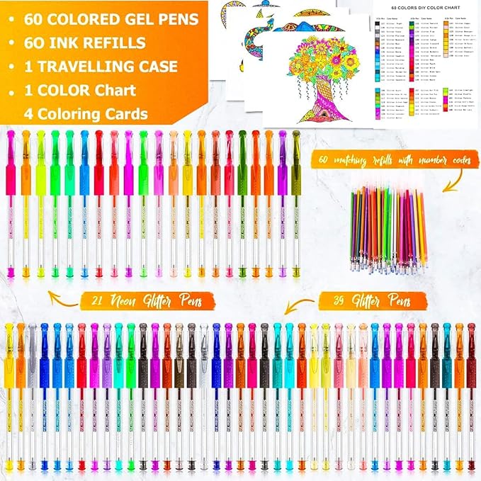 Soucolor Cute Office School Supplies Gifts for Women Teen Girl Birthday, 120 Pack Glitter Gel Pens-60 Glitter Pens, 60 Refills and Travel Case, Japanese Stationary Nurse Cool Gifts for Coworkers
