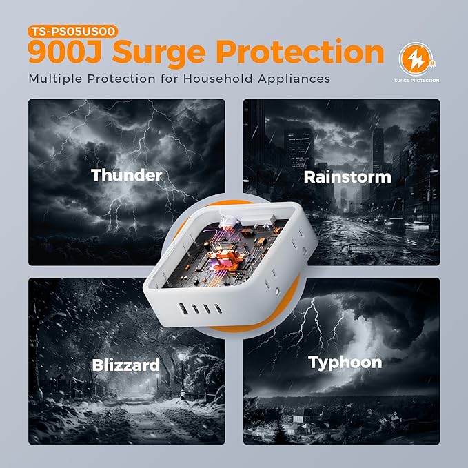 Surge Protector Power Strip, TESSAN 5 FT Extension Cord with Multiple Outlets Flat Plug, 4 USB (3 USB C) and 8 AC Outlets, 900J Protection, Wall Mount Charging Station for Home Office Supplies