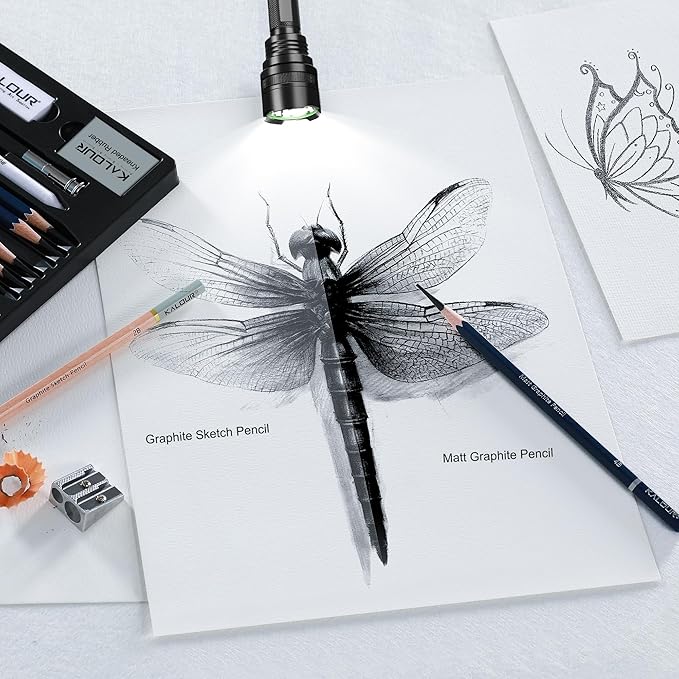 KALOUR 25-Piece Professional Sketch Pencil Set with Matte and Regular Pencils - Includes Vinyl Eraser, Kneaded Eraser, Sharpener, Pencil Extender and Blending Stump - Ideal for Artists and Beginners