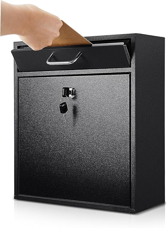 Locking Mailbox with Key for Outdoor 12 x 10.5 x 4.7 Inches Large Wall Mount Mail Box with Lock Security Mail Drop Metal Collection Boxes Hanging Secure Postbox(Black)