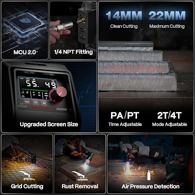 ARCCAPTAIN iControl CUT55 Prolux Plasma Cutter Machine, [APP Control] 55 Amp Non-Touch Pilot Arc, 120V/240V, Upgraded LED Display, Grid Cutting, Rust Removal, Air Pressure Detection for Home DIY