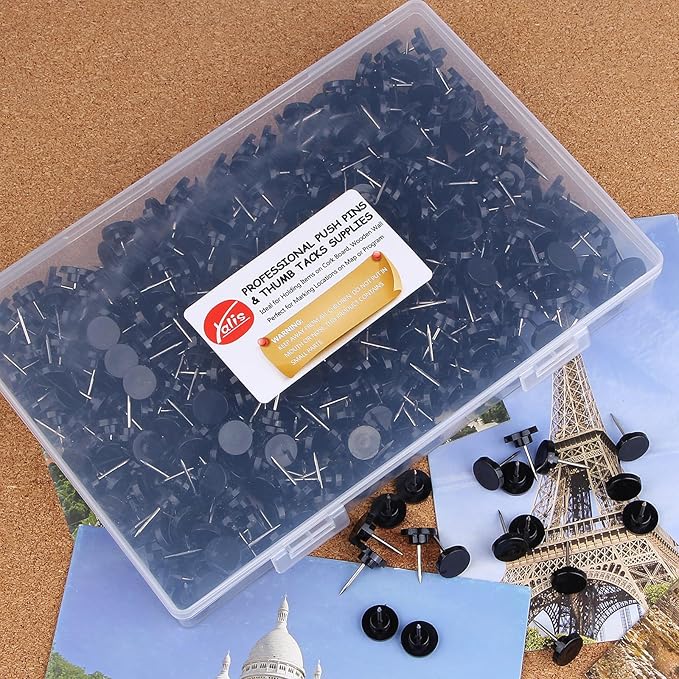 Push Pins 400-count Flat Black Thumb Tacks Steel Point and Plastic Head for Corkboard and Wooden Photo Wall