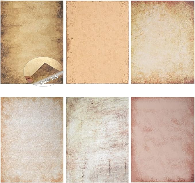 60 Sheets 6 Style Antique Stationary Paper, 8.3 x 11.2 inch A4 Size 100gsm Kraft Double-side Printable Old Aged Vintage Letter Writing Stationery Set for Classic Letters, Poems, Lyrics, Notes