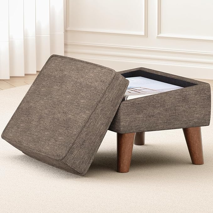Small Footstool Ottoman with Adjustable Lid, Modern Storage Ottoman, Foot Rest for Couch, Foot Stool with Sturdy Wood Legs for Living Room, Bedroom, Enterway, Brown