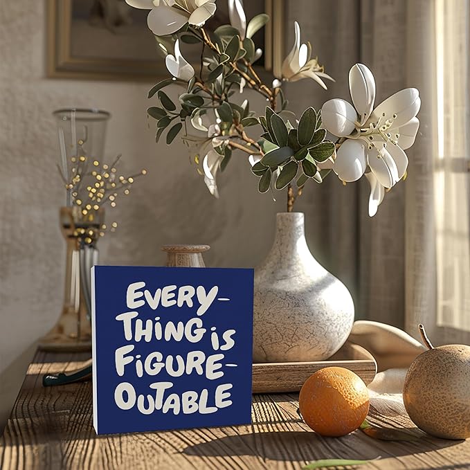 Inspirational Navy Blue Office Decor, Every Thing is Figure Outable Motivational Office Accessories Wooden Box Sign, Inspirational Gifts for Women, Men Wall Desk Shelf Tabletop Decoration 5x5In