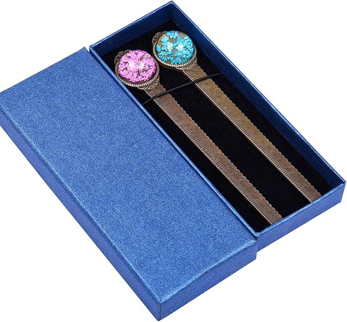 Wisdompro 2 Pcs Metal Bookmark, Retro Vintage Bronze Book Mark Ruler with Dried Flower, Packaged in a Gift Box - an Ideal Gift for Kids, Students, Teachers, Book Lovers - Blue, Hotpink