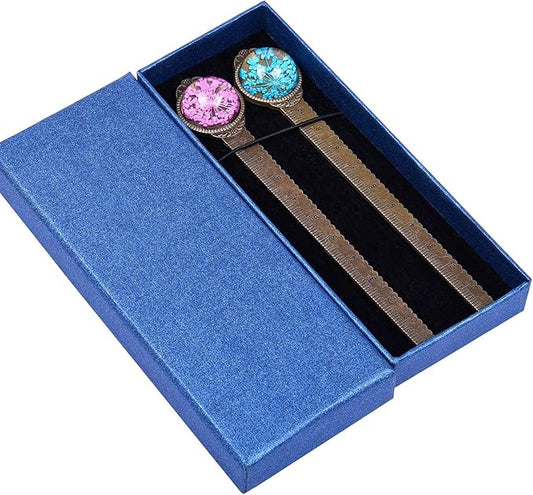 Wisdompro 2 Pcs Metal Bookmark, Retro Vintage Bronze Book Mark Ruler with Dried Flower, Packaged in a Gift Box - an Ideal Gift for Kids, Students, Teachers, Book Lovers - Blue, Hotpink