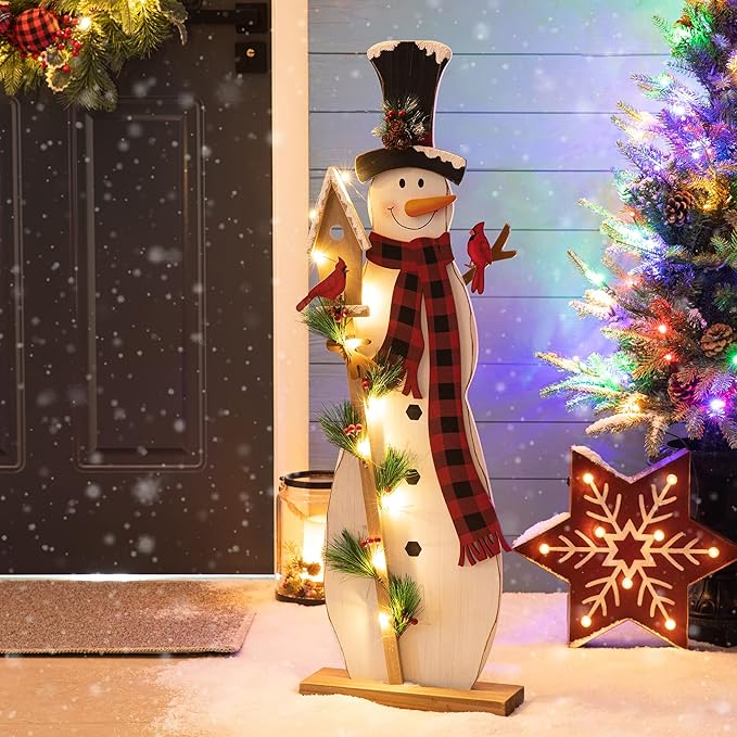 Glitzhome 36" H Lighted Wooden Christmas Snowman Porch Sign Standing Snowman with Birdhouse Porch Decor Rustic Merry Christmas Welcome Sign Holiday Party Outdoor Indoor Xmas Decorations