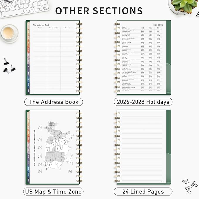 RETTACY 2026 Planner, Weekly and Monthly, Medium Size (5.7" x 8.3"), Jan - Dec 2026, Agenda, Calendar, 12 Month Tabs, Flexible Plastic Cover, 100 GSM Thick Paper, Spiral-bound (Dark Green)
