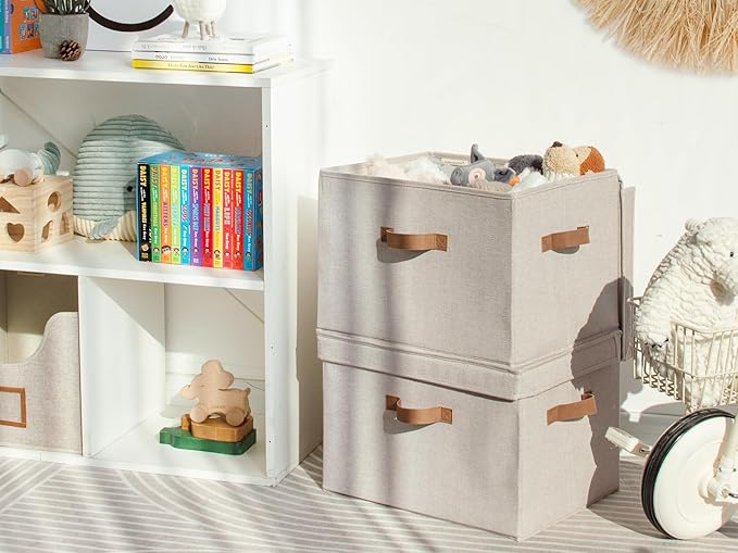 StorageWorks Fabric Storage Bins with Lid, Decorative Storage Boxes for Shelves, Stackable Closet Organizer Basket with Handles, Jumbo, Brown and Beige, 2-Pack
