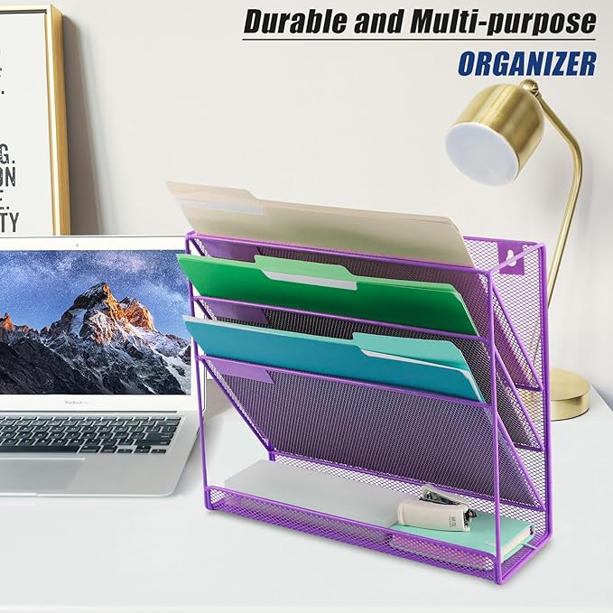 EASEPRES Desk File Organizer Mesh 4-Tier, Hanging Wall Mount Document Organization Stand, Desktop Vertical Mail Paper Folder Holder Rack with Bottom Tray for Office Home Cubicle Countertop, Purple