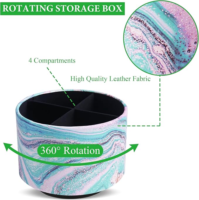 Round Leather Art Supply Organizer,Remote Control Holder,360-degree Rotating Pen Organizer with 4 Compartments(1-Pink Green Splash Ink)