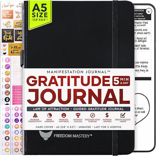 Gratitude Journal for Women & Men - 5 Minute Self Care Journal | 90-Day Undated Daily Planner for Positivity, Affirmations & Manifestation | Guided Mindfulness, Reflection | Vision Board + Stickers