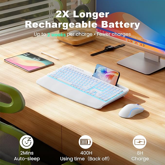 White Keyboard and Mouse Wireless Combo, 4000mAh Rechargeable Backlit Quiet Keyboards mice set, USB Ergonomic Key Board with Wrist Rest & Phone Holder for PC, Mac, Windows, Natural Soft Typing—SABLUTE