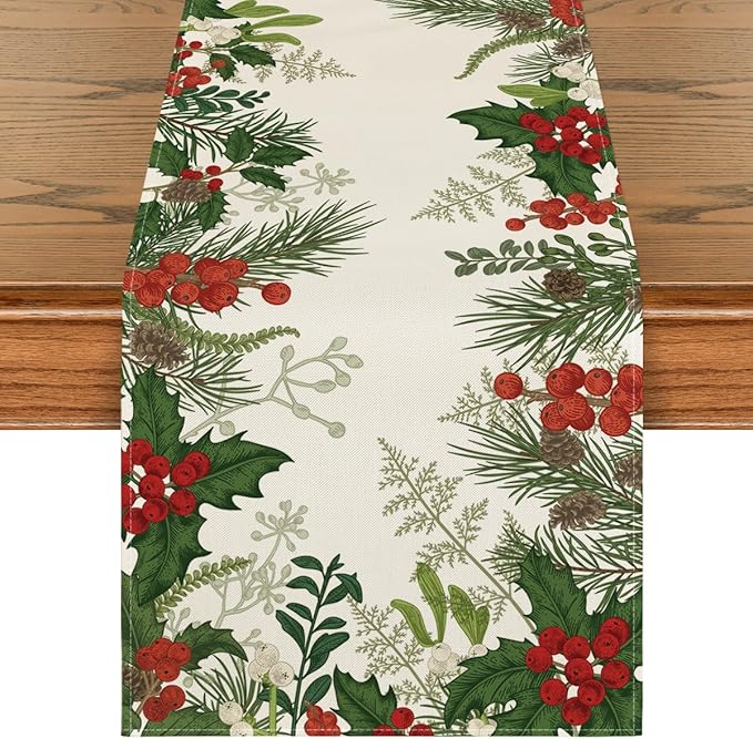 Artoid Mode Holly Pine Cone Christmas Table Runner, Seasonal Winter Kitchen Dining Table Decoration for Home Party Decor 13x120 Inch