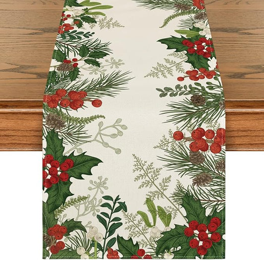 Artoid Mode Holly Pine Cone Christmas Table Runner, Seasonal Winter Kitchen Dining Table Decoration for Home Party Decor 13x36 Inch