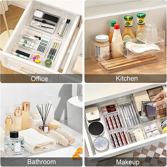 Stackable Acrylic Drawer Organizer Set, 11 PCS Multi-Size Storage Bins for Makeup, Office Desk, Bathroom, Vanity and Kitchen Utensils