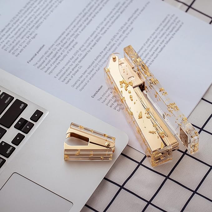 Acrylic Stapler Gold Leaf with 25 Sheets Capacity and Hold 100 Staples, Gold Stapler and Staple Remover Set Palm Size and high Comfort, Stylish Desk Accessories for Classroom, Office Supplies, Home
