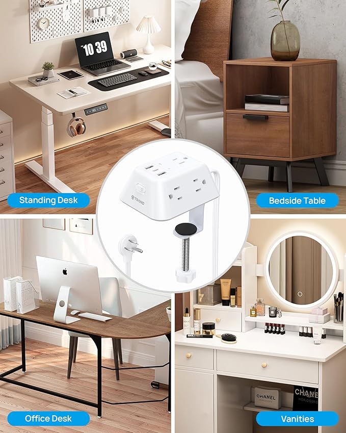 Desk Clamp Power Strip, Surge Protector with 5 AC Outlets and 3 USB Ports, Desk Mount Charging Station, Fit 1.97in Tabletop Edge Thick, 10FT Extension Cord, for Home Office Gaming Accessories