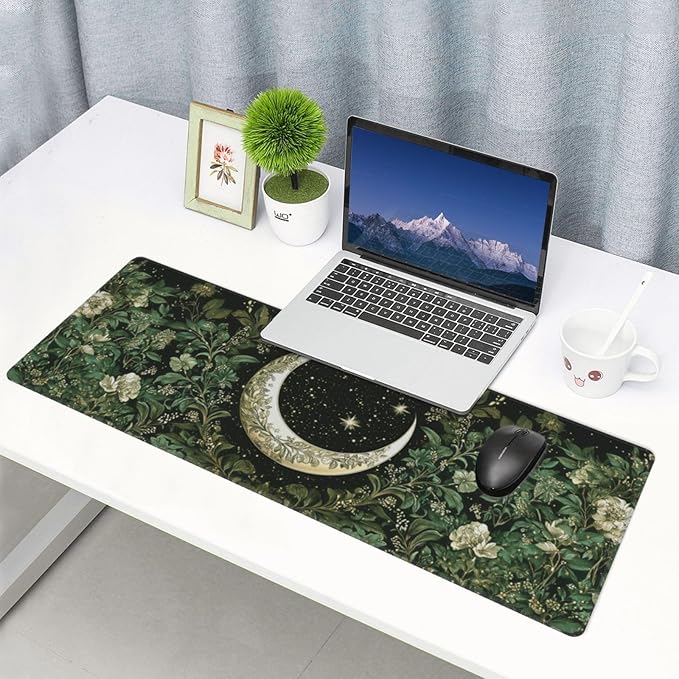 Moon Mouse Pad 31.5 X 11.8 Inch Big Desk Rubber Base Stitched Edges Keyboard Pad XXL Mouse Mat for Home Game and Office