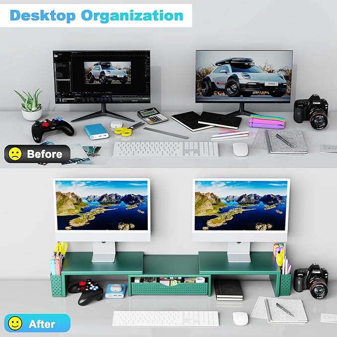 Spacrea Metal Desk Organizers and Accessories, Dual Monitor Stand Riser with Drawer and 2 Pen Holders, Desk Accessories & Workspace Desktop Organizers for Office Supplies (Dark Gree)