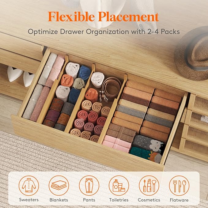 Lifewit 8 Pack Drawer Dividers Bamboo 6" High, 11-17" Adjustable Drawer Organizers for Clothes, Expandable Dresser Separators in Bedroom/Bathroom/Kitchen/Fridge/Office Organization and Storage