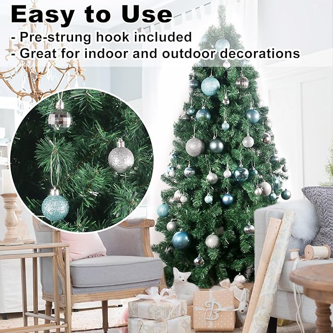 Baby Blue & Silver 1.6" Small Christmas Balls Christmas Tree Decoration Ornaments Shatterproof Hanging Balls for Birthday Halloween Holiday Wedding Decorations Set of 24pcs