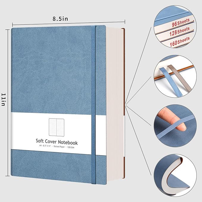 AHGXG Bullet Dotted Journal - Large A4 Notebook Dotted, 8.5''×11'', 320 Pages Dot Grid Notebook, 100gsm Thick Paper, Leather Softcover, with Journal Stencils, Inner Pocket - GrayBlue