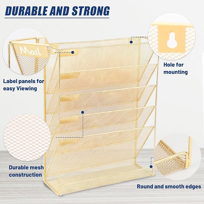 EASEPRES Desk File Organizer Mesh 6-Tier, Hanging Wall Mount Document Organization Stand, Desktop Vertical Mail Paper Folder Holder Rack with Bottom Tray for Office Home Cubicle Countertop, Gold