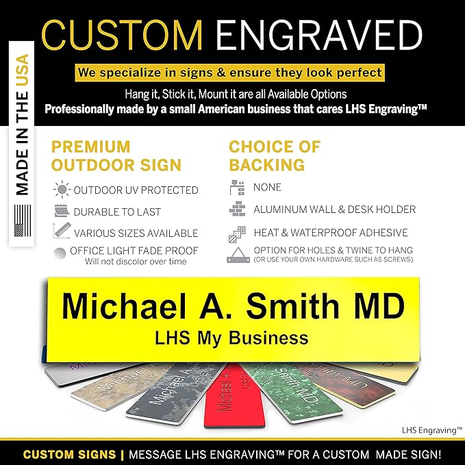 Door Name Plate Personalized for Office Yellow Plastic Name Plate Black Letters - Made in USA 2x4 B4