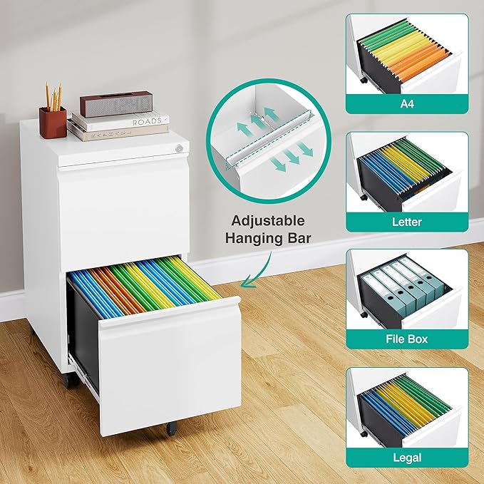 SISESOL 2 Drawer File Cabinet with Lock and Wheels,White Rolling File Cabinets,Locking Mobile Metal Filing Cabinet for Home Office,Under Desk,Fit A4/Letter/Legal File, Easy Assembly