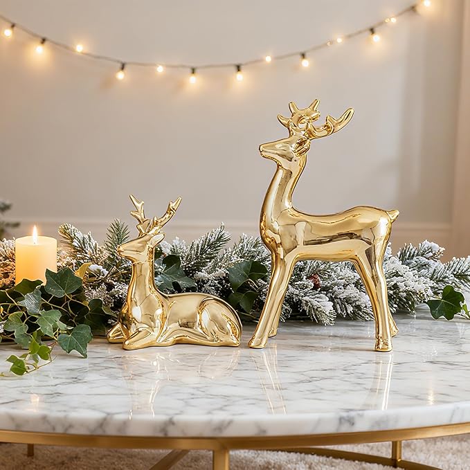 WDS WONDROUS Christmas Decorations Reindeer Figurines, Gold Set of 2 Ceramic Reindeer Statues Xmas Decor Indoor, Christmas Deer Figurines, Deer Decor for Tabletop Home Bedroom Winter Living Room